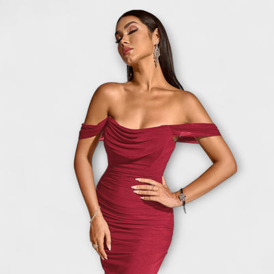 Ione - Šaty Bodycon s odhalenými ramenami a riasením