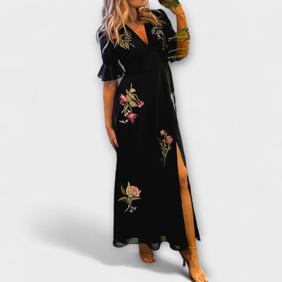 Beatrice - Elegantné námornícke modré šaty s kvetinovou výšivkou