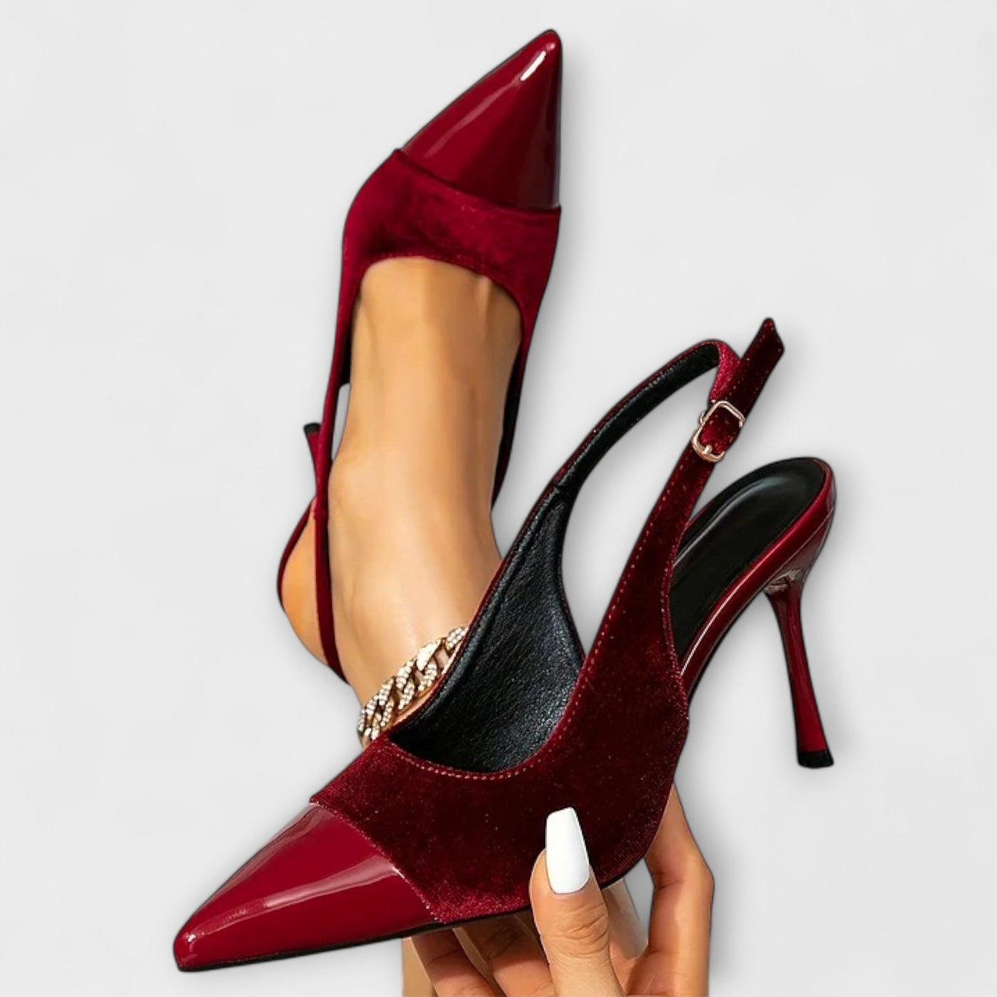 Kathleen - Špicaté sametové patchworkové slingback stiletto podpätky